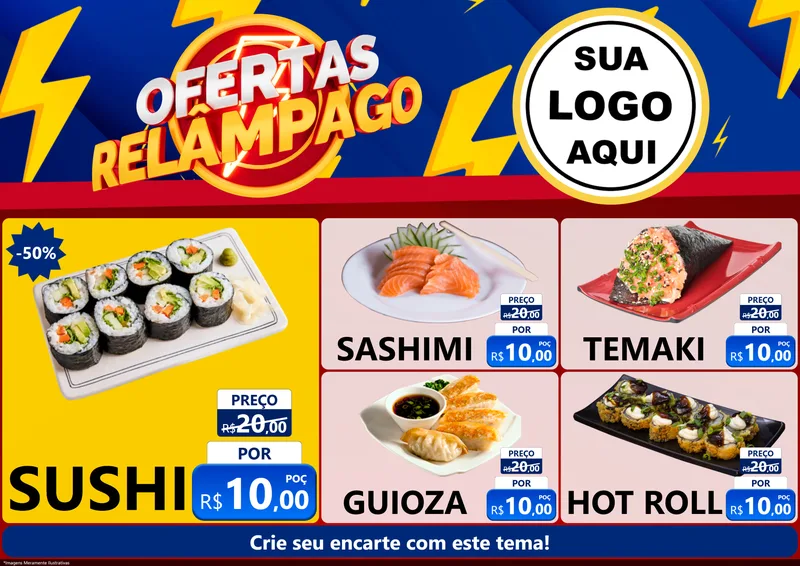 Modelo de Encarte para Encarte A4 Horizontal com o tema Ofertas Relâmpago para Comida japonesa