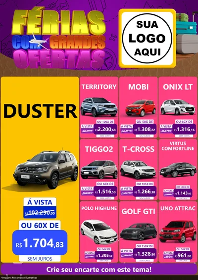 Modelo de Encarte para Encarte A4 Vertical com o tema Férias com Grandes Ofertas para Concessionaria de Carros