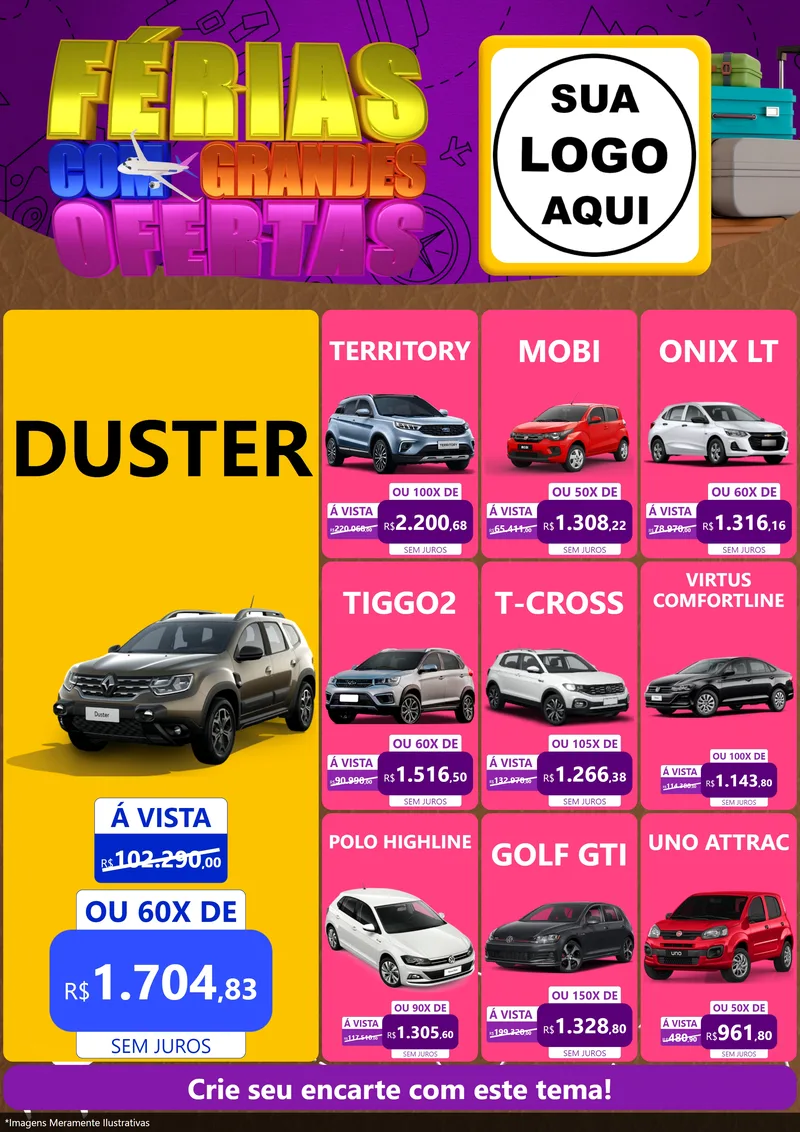Modelo de Encarte para Encarte A4 Vertical com o tema Férias com Grandes Ofertas para Concessionaria de Carros