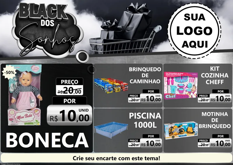 Modelo de Encarte para Encarte A4 Horizontal com o tema Black dos Sonhos para Brinquedos