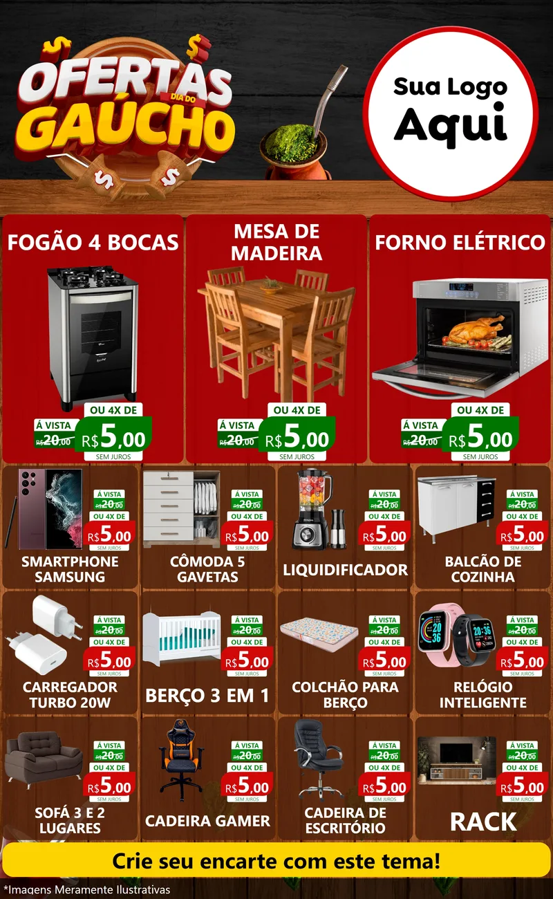 Modelo de Encarte para Encarte Grande com o tema Ofertas Dia do Gaúcho para Móveis e Eletro