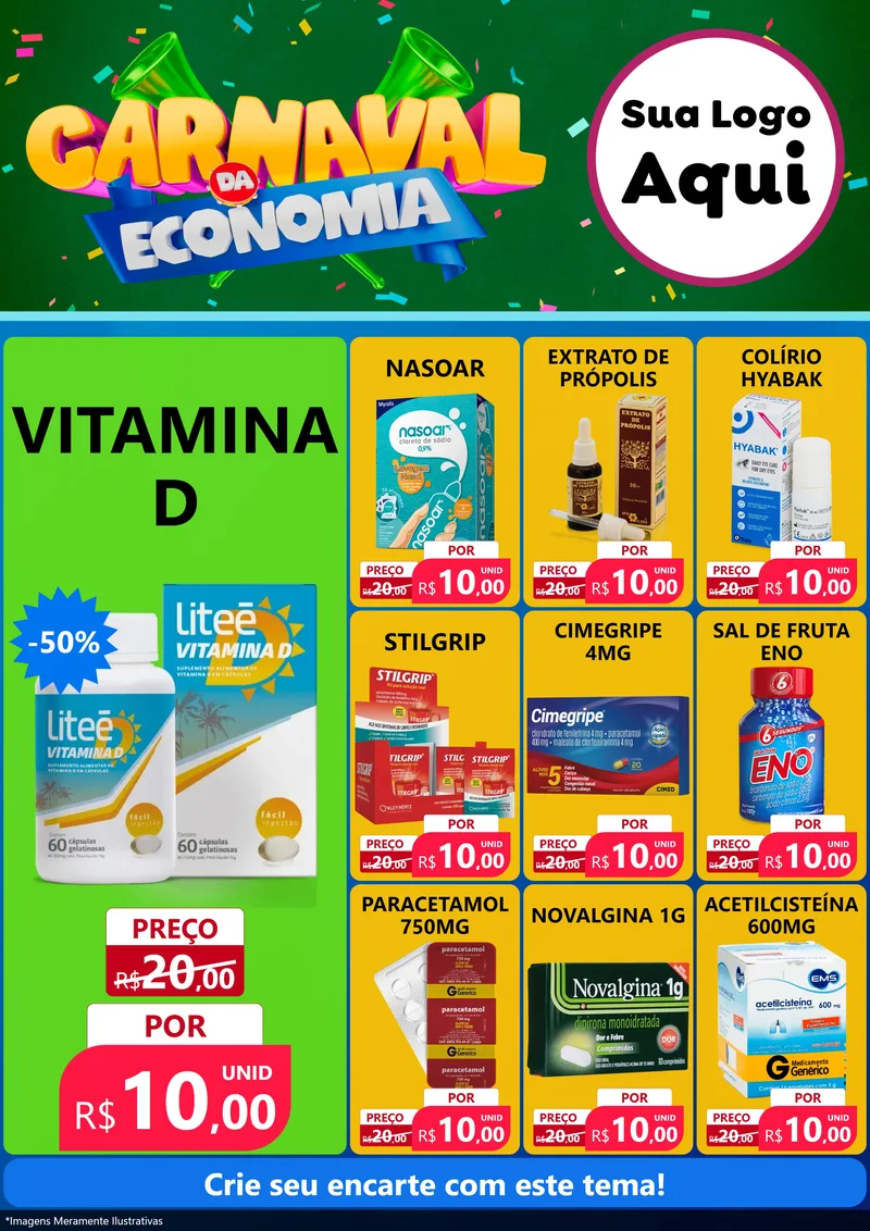Modelo de Encarte para Encarte A4 Vertical com o tema Carnaval da Economia para Farmácia
