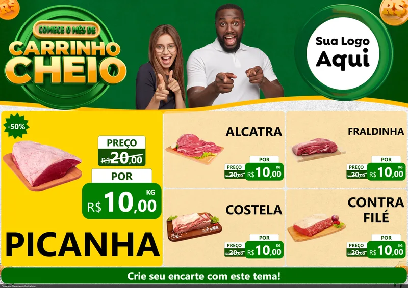 Modelo de Encarte para Encarte A4 Horizontal com o tema Carrinho Cheio para Açougue
