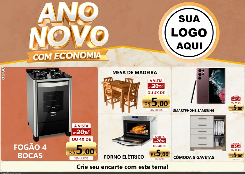 Modelo de Encarte para Encarte A4 Horizontal com o tema Ano Novo Com Economia para Móveis e Eletro