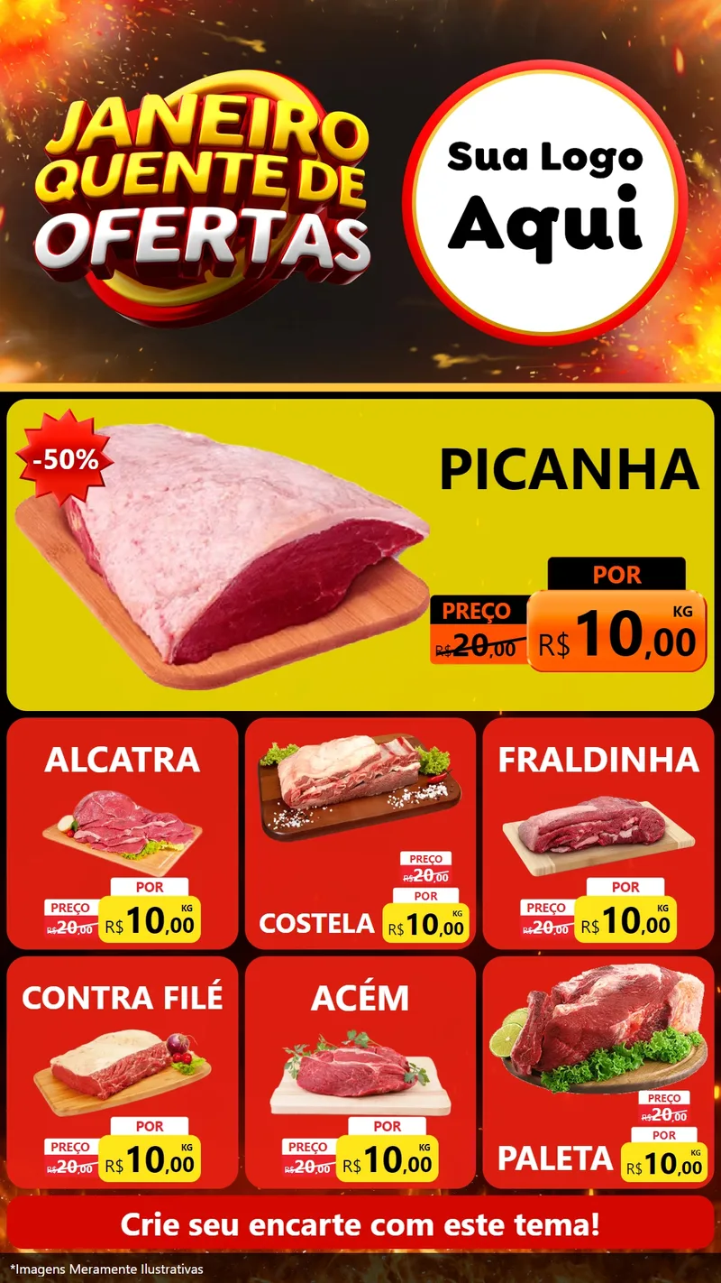 Modelo de Rede Social para Stories com o tema Janeiro Quente de Ofertas para Açougue