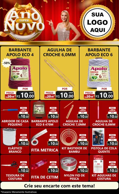 Modelo de Encarte para Encarte Grande com o tema Super Ano Novo para Armarinho e Aviamentos