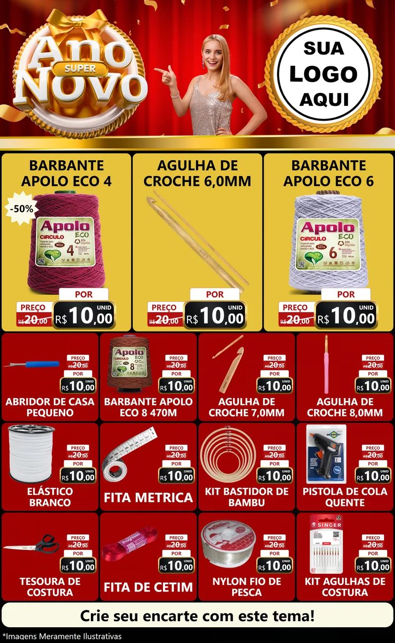 Modelo de Encarte para Encarte Grande com o tema Super Ano Novo para Armarinho e Aviamentos