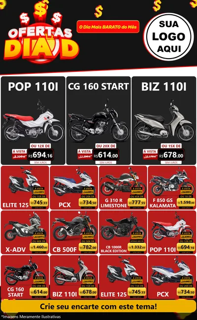 Modelo de Encarte para Encarte Grande com o tema Ofertas Dia D para Concessionaria de Motos