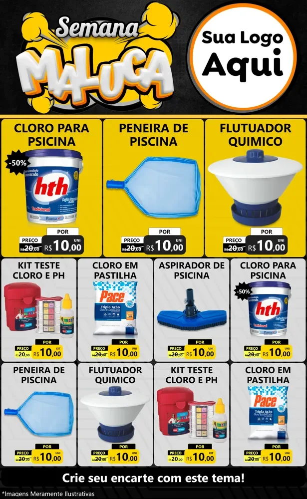 Modelo de Encarte para Encarte Grande com o tema Semana Maluca para Produtos para Piscina