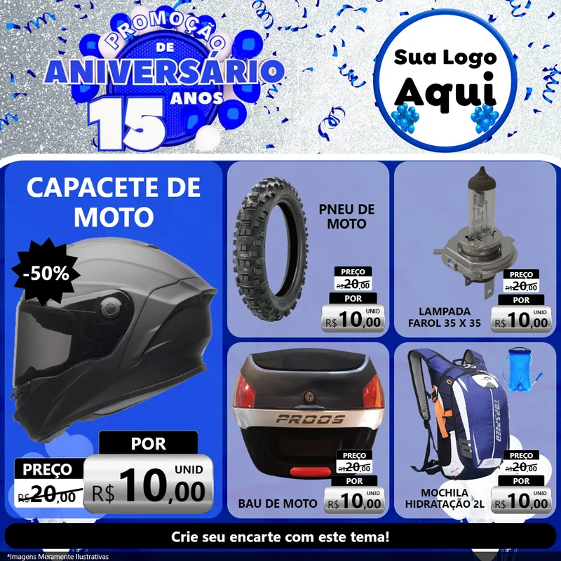 Modelo de Rede Social para Feed Facebook com o tema Promoção de Aniversário - 15 Anos para Moto peças