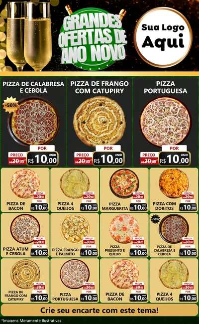 Modelo de Encarte para Encarte Grande com o tema Grandes Ofertas de Ano Novo para Pizzaria