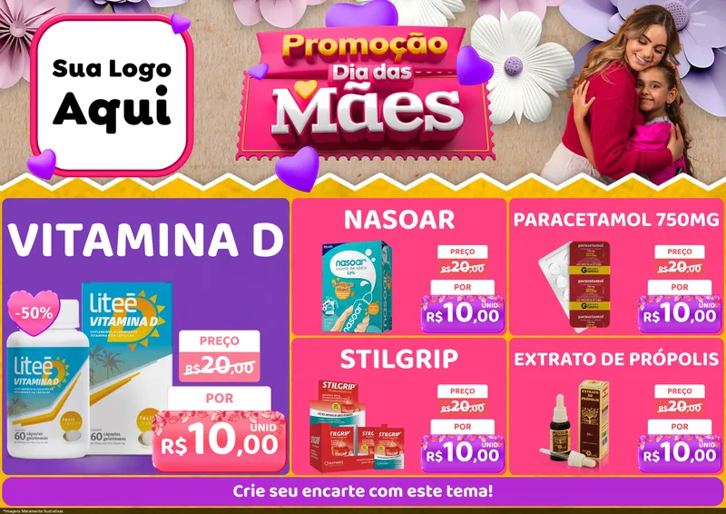 Modelo de Encarte para Encarte A4 Horizontal com o tema Promoção Dia das Mães para Farmácia