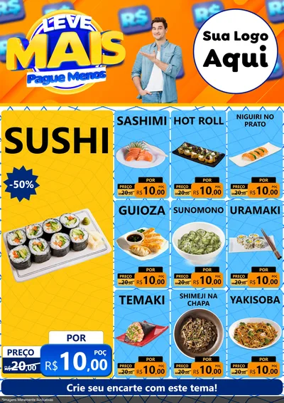 Modelo de Encarte para Encarte A4 Vertical com o tema Leve Mais, Pague Menos para Comida japonesa