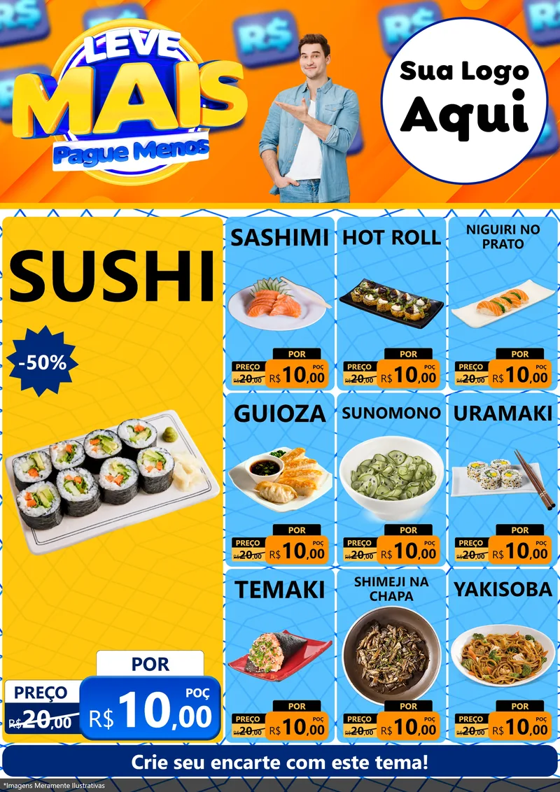 Modelo de Encarte para Encarte A4 Vertical com o tema Leve Mais, Pague Menos para Comida japonesa