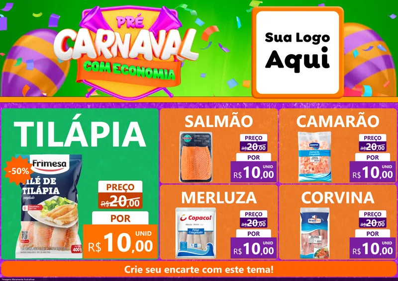 Modelo de Encarte para Encarte A4 Horizontal com o tema Pré-Carnaval Com Economia para Peixaria