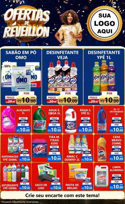 Modelo de Encarte para Encarte Grande com o tema Ofertas de Réveillon para Produtos de Limpeza