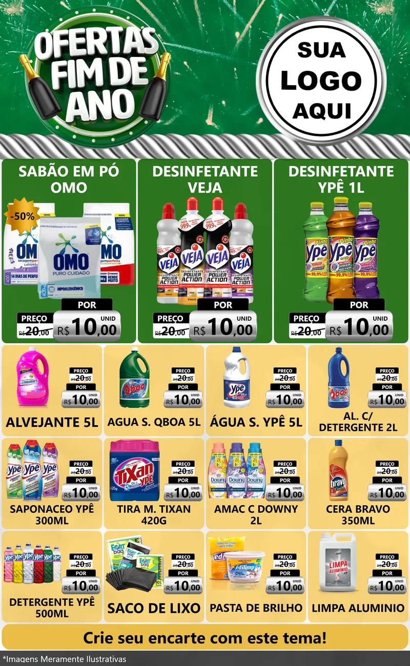 Modelo de Encarte para Encarte Grande com o tema Ofertas Fim de Ano para Produtos de Limpeza