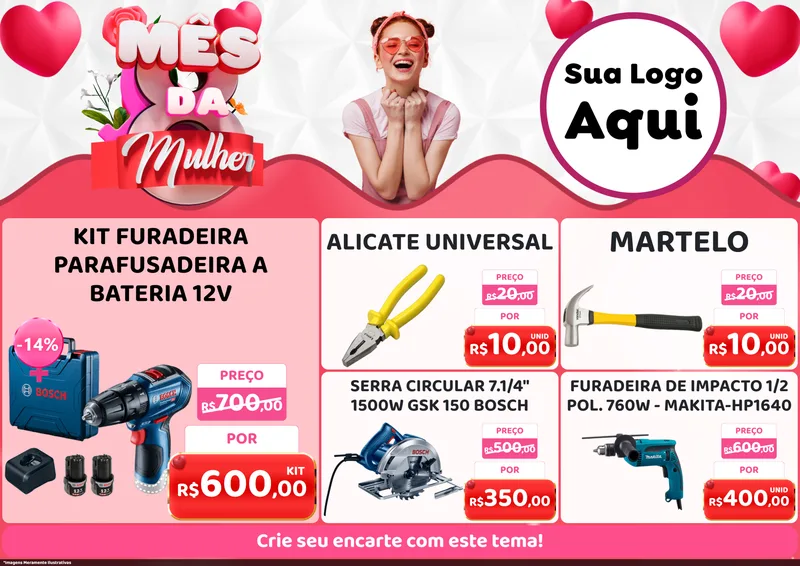 Modelo de Encarte para Encarte A4 Horizontal com o tema Mês da Mulher para Maquinas e Ferramentas