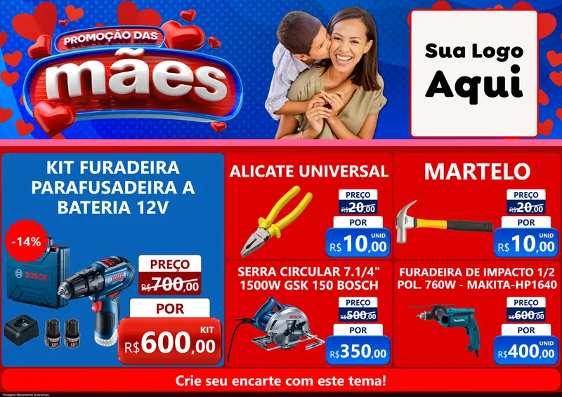 Modelo de Encarte para Encarte A4 Horizontal com o tema Promoção das Mães para Maquinas e Ferramentas