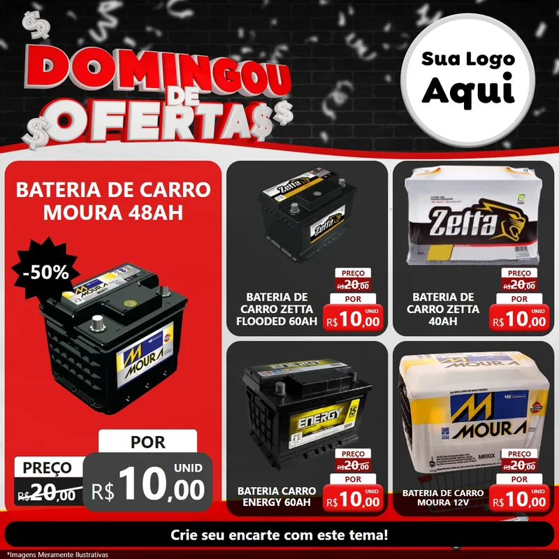 Modelo de Rede Social para Feed Facebook com o tema Domingou de Ofertas para Baterias Elétricas