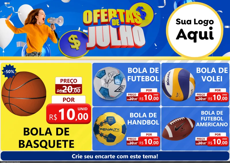 Modelo de Encarte para Encarte A4 Horizontal com o tema Ofertas de Julho para Artigos Esportivos