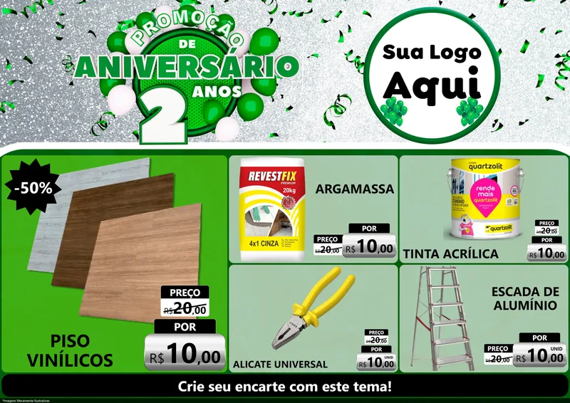 Modelo de Encarte para Encarte A4 Horizontal com o tema Promoção de Aniversário - 2 Anos para Material para Construção