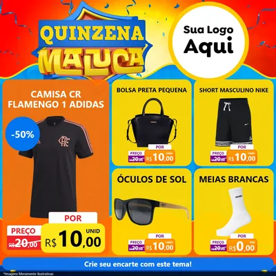 Modelo de Rede Social para Feed Facebook com o tema Quinzena Maluca para Roupas e acessórios
