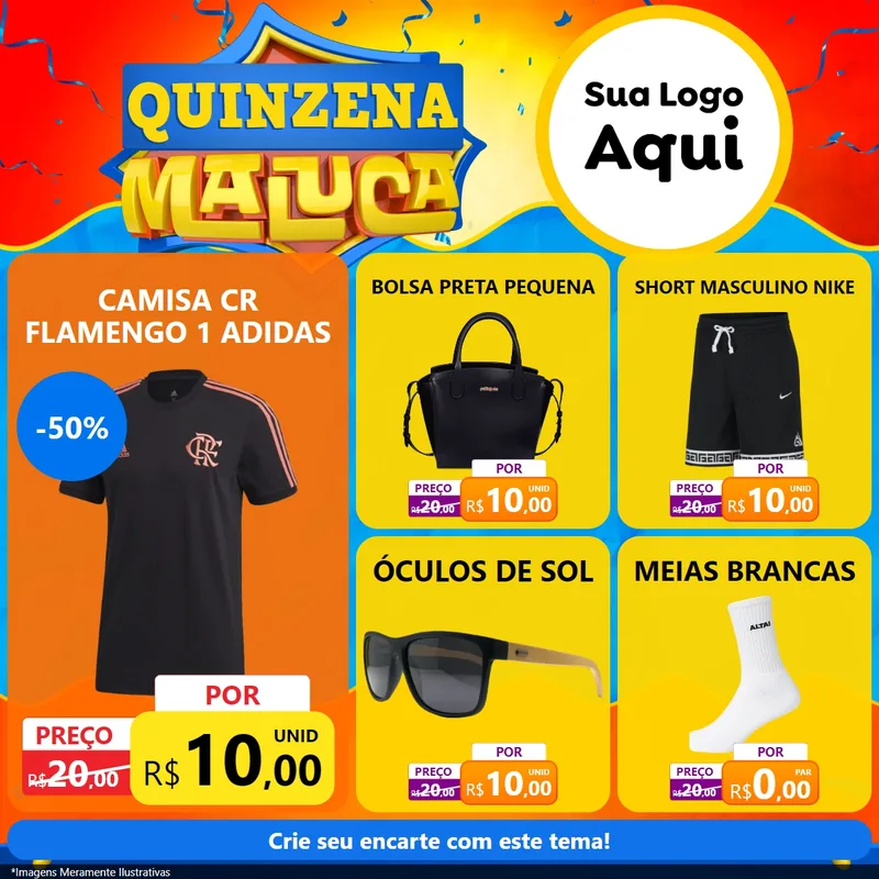 Modelo de Rede Social para Feed Facebook com o tema Quinzena Maluca para Roupas e acessórios