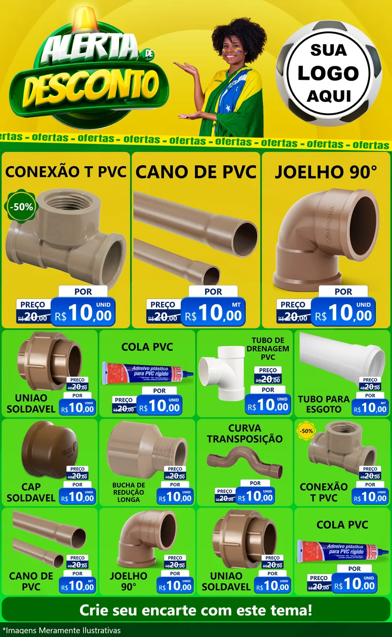 Modelo de Encarte para Encarte Grande com o tema Alerta de Desconto para Tubos e conexões