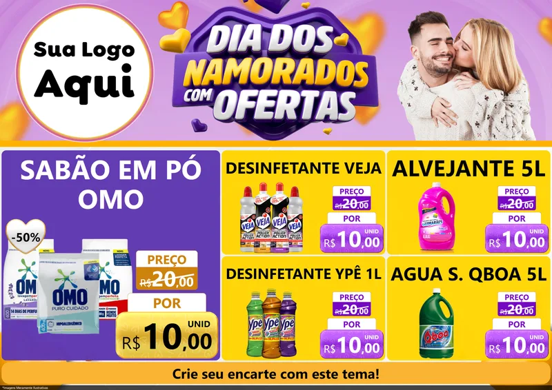 Modelo de Encarte para Encarte A4 Horizontal com o tema Dia Dos Namorados Com Ofertas para Produtos de Limpeza