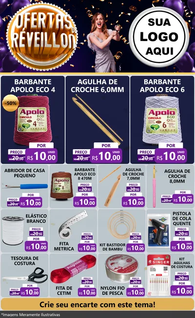Modelo de Encarte para Encarte Grande com o tema Ofertas de Réveillon para Armarinho e Aviamentos