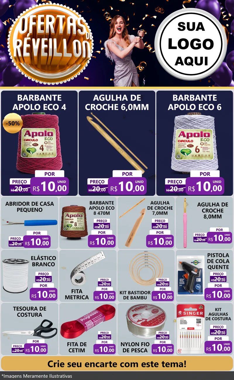 Modelo de Encarte para Encarte Grande com o tema Ofertas de Réveillon para Armarinho e Aviamentos