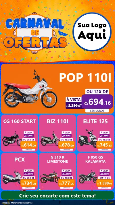 Modelo de Rede Social para Stories com o tema Carnaval de Ofertas para Concessionaria de Motos