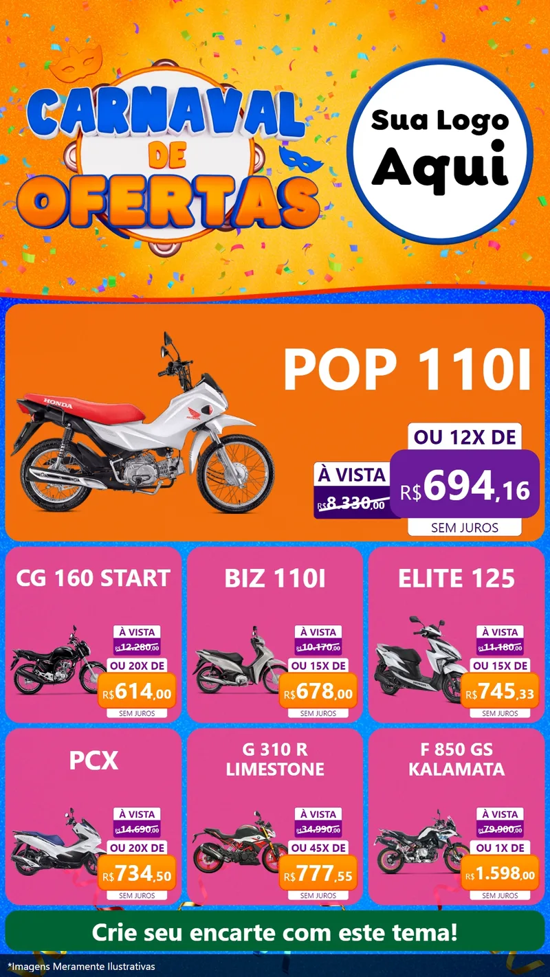 Modelo de Rede Social para Stories com o tema Carnaval de Ofertas para Concessionaria de Motos