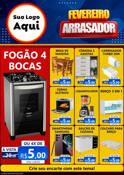 Modelo de Encarte para Encarte A4 Vertical com o tema Fevereiro Arrasador para Móveis e Eletro