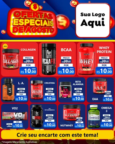 Modelo de Rede Social para Feed Instagram com o tema Ofertas Especiais de Agosto para Suplementos alimentares