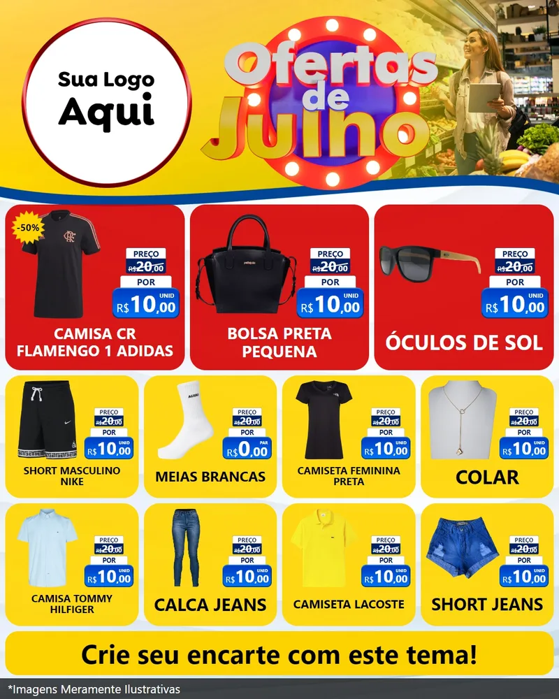 Modelo de Rede Social para Feed Instagram com o tema Ofertas de Julho para Roupas e acessórios