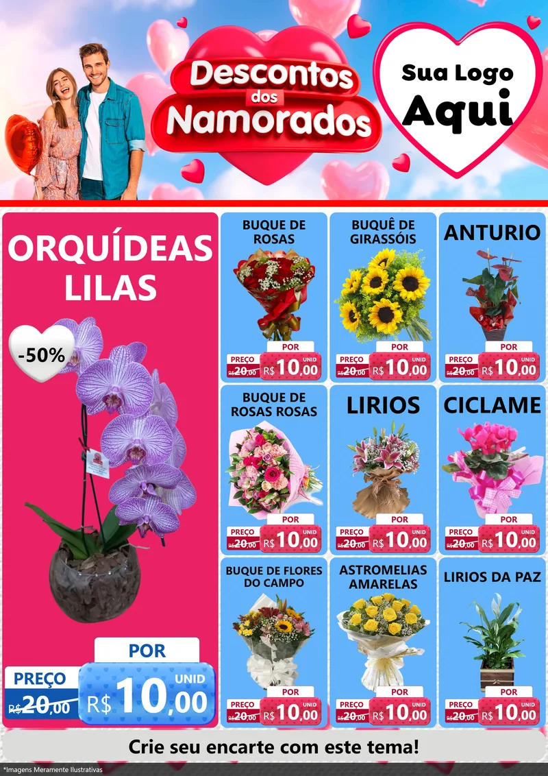 Modelo de Encarte para Encarte A4 Vertical com o tema Descontos dos Namorados para Floricultura e jardim