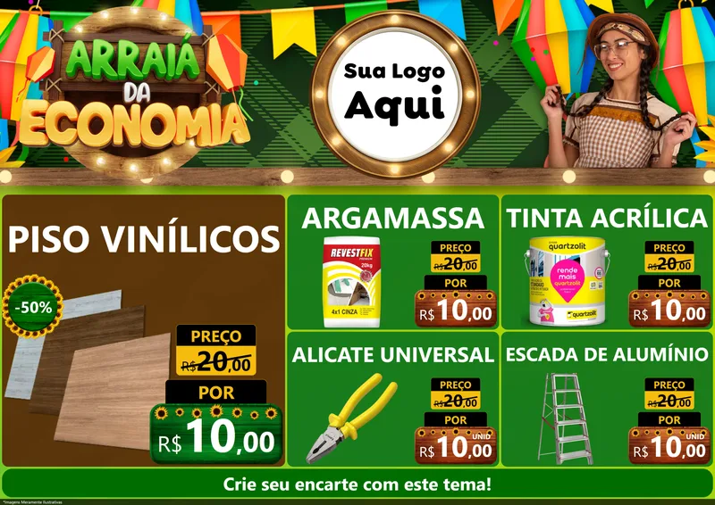 Modelo de Encarte para Encarte A4 Horizontal com o tema Arraiá de Economia para Material para Construção