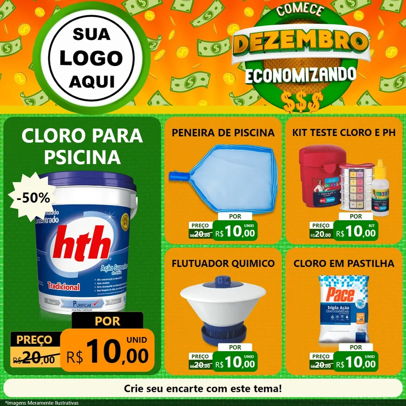 Modelo de Rede Social para Feed Facebook com o tema Comece Dezembro Economizando para Produtos para Piscina