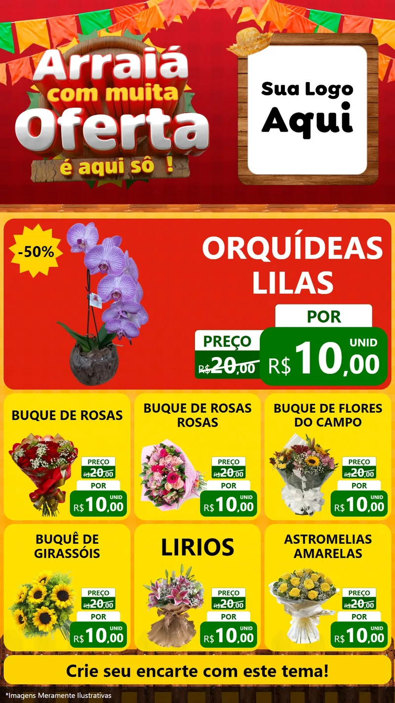 Modelo de Rede Social para Stories com o tema Arraiá Com Muita Oferta - É Aqui Sô! para Floricultura e jardim