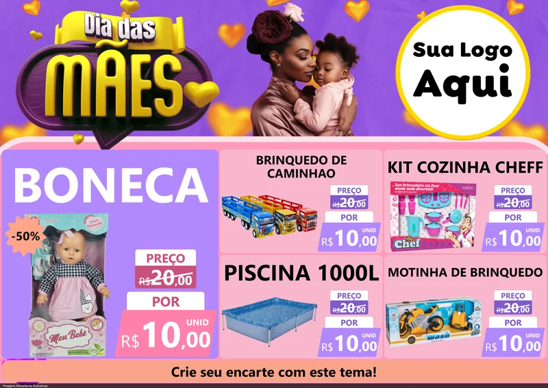 Modelo de Encarte para Encarte A4 Horizontal com o tema Dia das Mães para Brinquedos