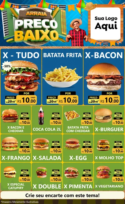 Modelo de Encarte para Encarte Grande com o tema Arraiá de Preço Baixo - Junina para Hamburgueria
