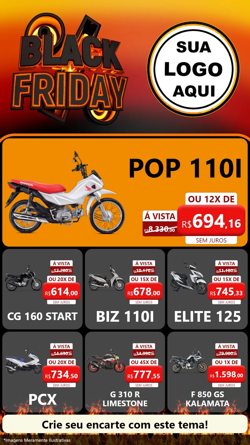 Modelo de Rede Social para Stories com o tema Black Friday para Concessionaria de Motos