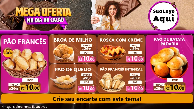 Modelo de TV para TV Horizontal com o tema Mega Oferta no Dia do Cacau para Padaria