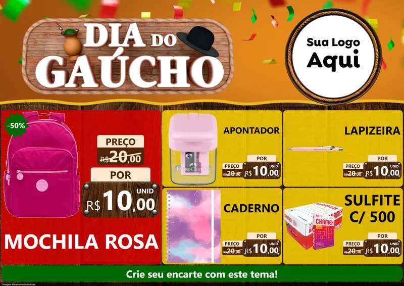 Modelo de Encarte para Encarte A4 Horizontal com o tema Dia do Gaúcho para Papelaria