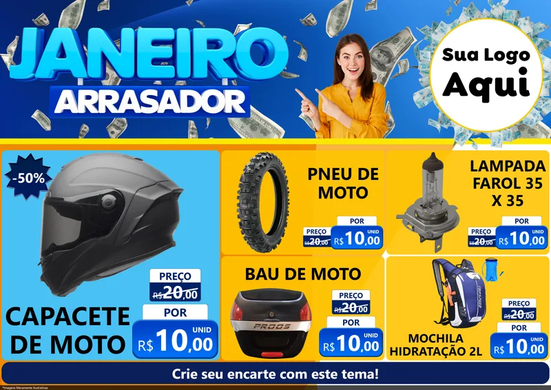 Modelo de Encarte para Encarte A4 Horizontal com o tema Janeiro Arrasador para Moto peças