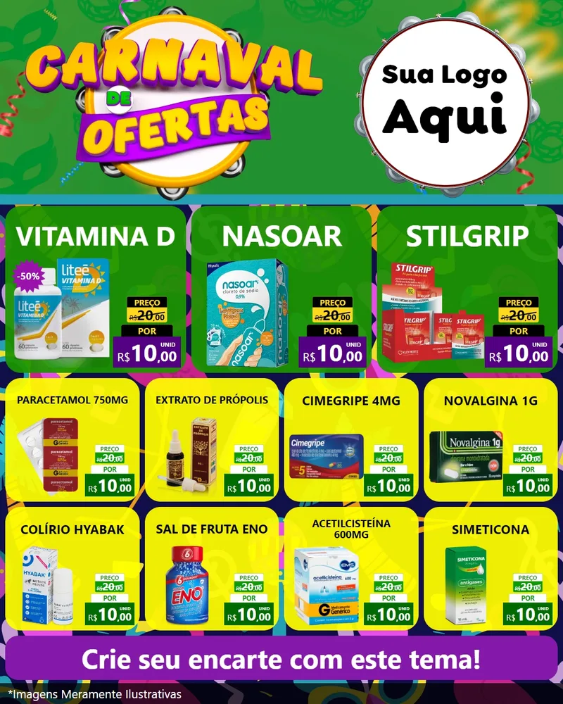 Modelo de Rede Social para Feed Instagram com o tema Carnaval de Ofertas para Farmácia