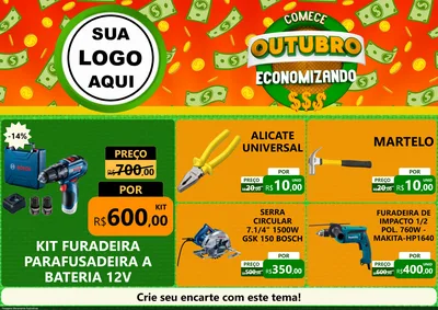 Modelo de Encarte para Encarte A4 Horizontal com o tema Comece Outubro Economizando para Maquinas e Ferramentas