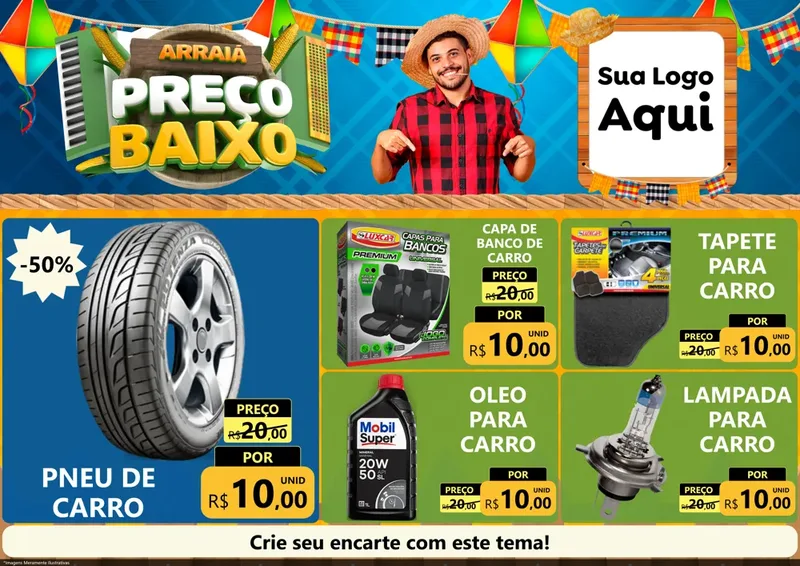 Modelo de Encarte para Encarte A4 Horizontal com o tema Arraiá de Preço Baixo - Junina para Auto peças